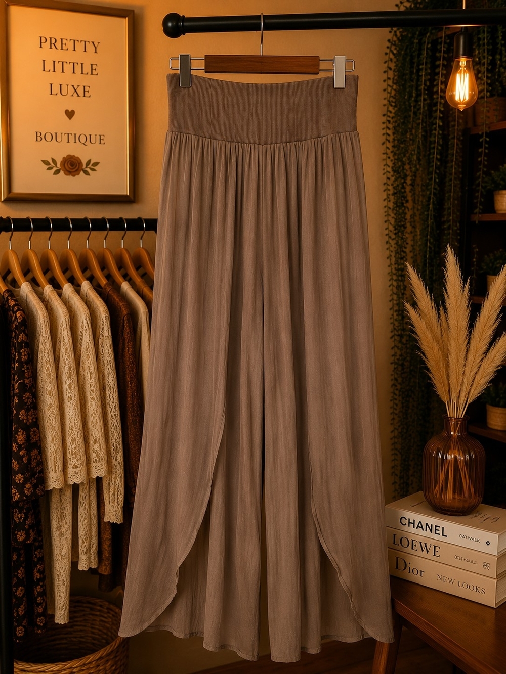 Mustard Seed Wide Leg Slit Pants Medium Taupe Boho Flowy Resort Style